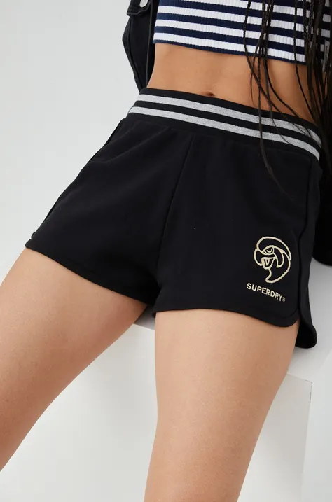 Kratke hlače Superdry za žene, boja: crna, s aplikacijom, visoki struk