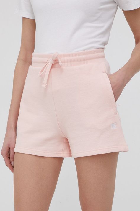 Памучен къс панталон Dc дамско в розово с изчистен дизайн с висока талия