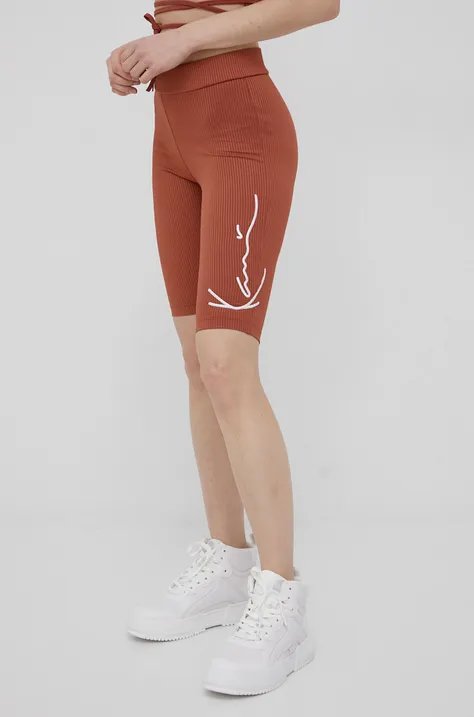 Kratke hlače Karl Kani za žene, boja: smeđa, s aplikacijom, srednje visoki struk