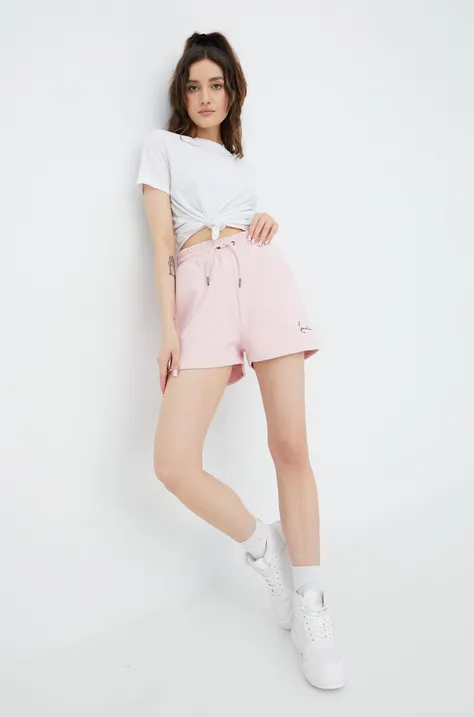 Kratke hlače Karl Kani za žene, boja: ružičasta, s aplikacijom, srednje visoki struk