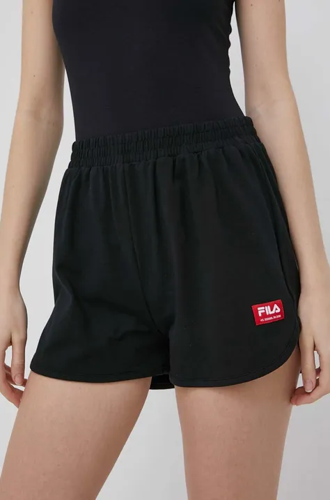 Fila pantaloni scurti femei, culoarea negru, neted, high waist