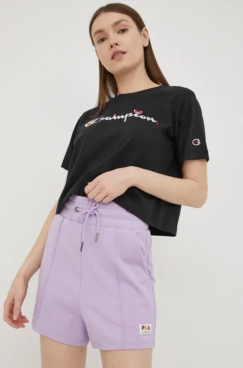 Къси панталони Fila дамско в лилаво с изчистен дизайн с висока талия
