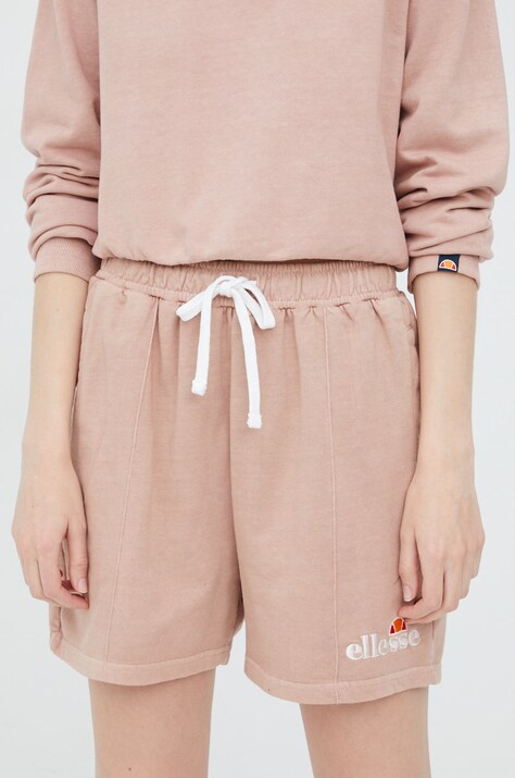 Ellesse pantaloni scurți din bumbac femei, culoarea roz, cu imprimeu, high waist SGM13151-PINK