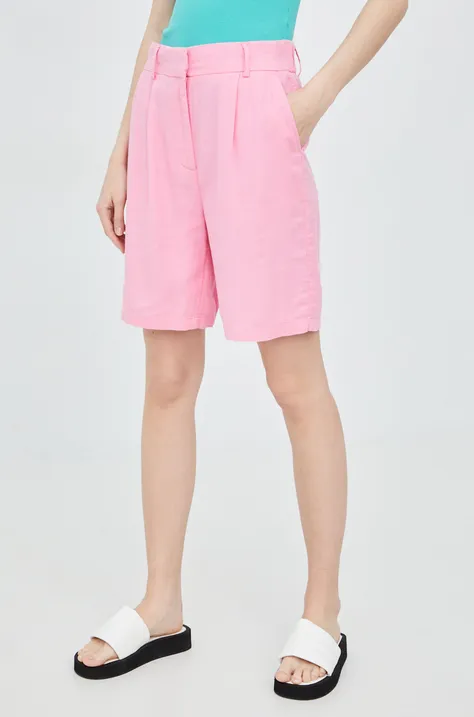 Ленен къс панталон Only в розово с изчистен дизайн с висока талия