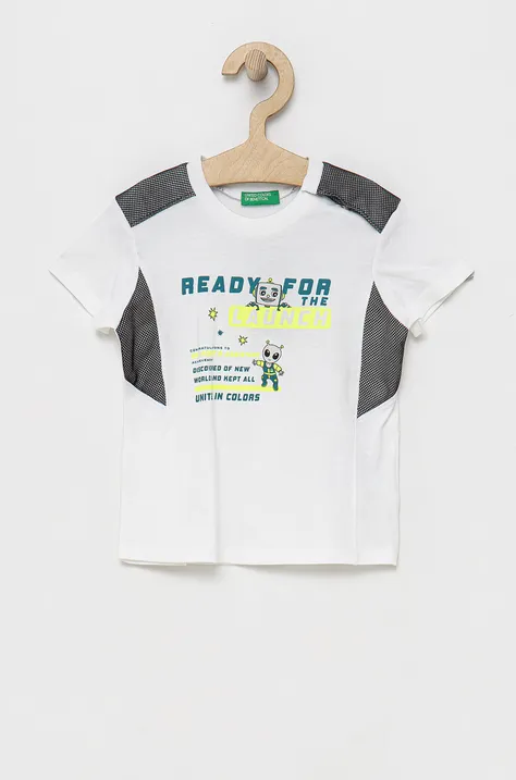 Детска памучна тениска United Colors of Benetton в бяло с принт