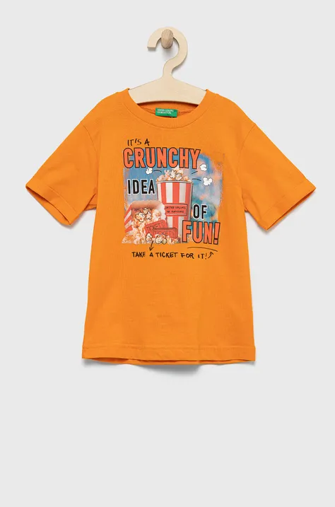 Детская хлопковая футболка United Colors of Benetton цвет оранжевый с принтом
