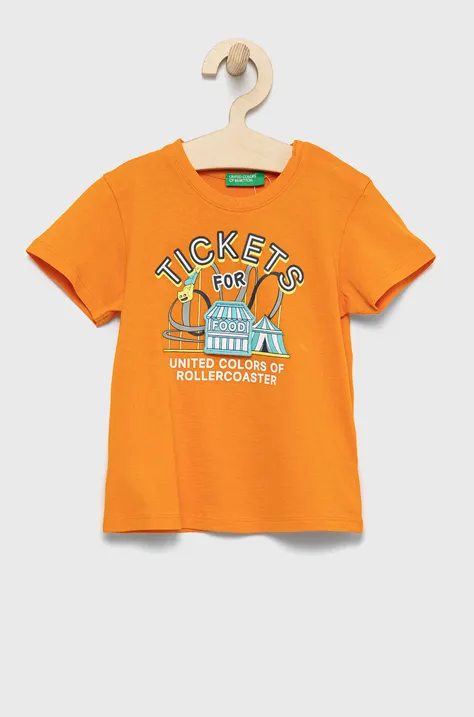 Детская хлопковая футболка United Colors of Benetton цвет оранжевый с аппликацией