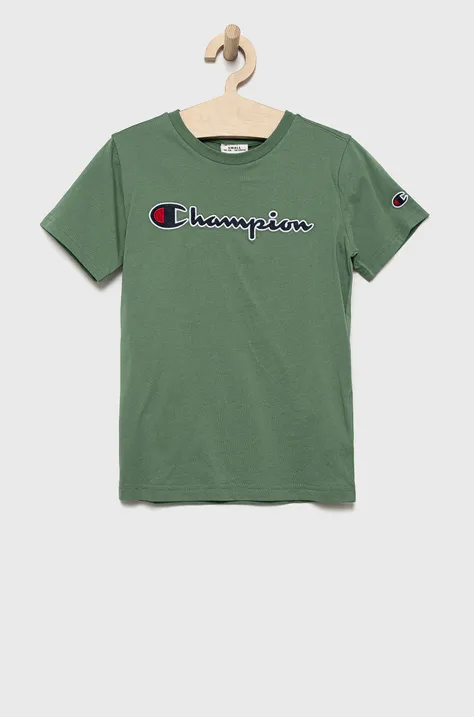 Champion t-shirt bawełniany dziecięcy 305954 kolor zielony gładki