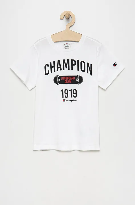 Champion t-shirt bawełniany dziecięcy 305993 kolor biały z nadrukiem