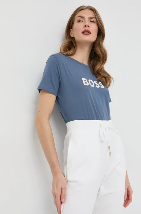 Bombažna kratka majica BOSS modra barva