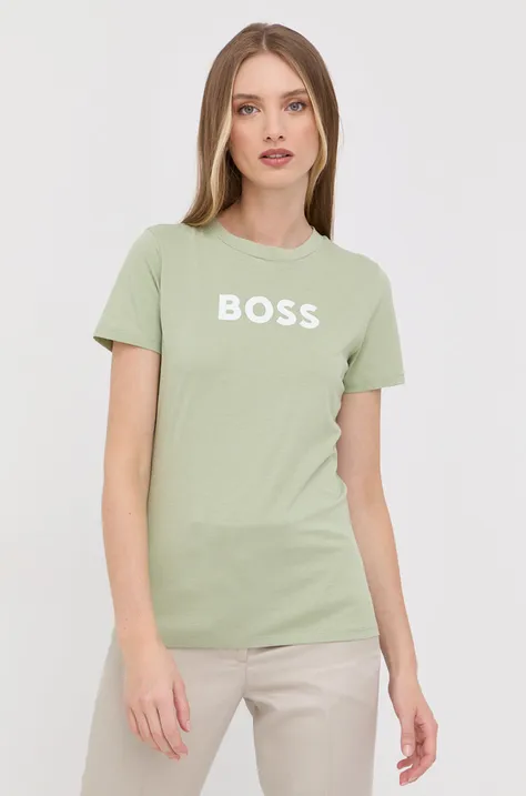 Bombažna kratka majica BOSS zelena barva