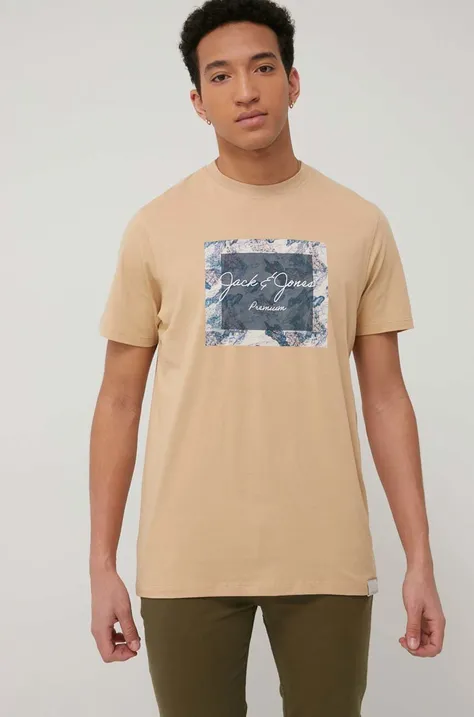 Premium by Jack&Jones t-shirt bawełniany kolor beżowy z nadrukiem