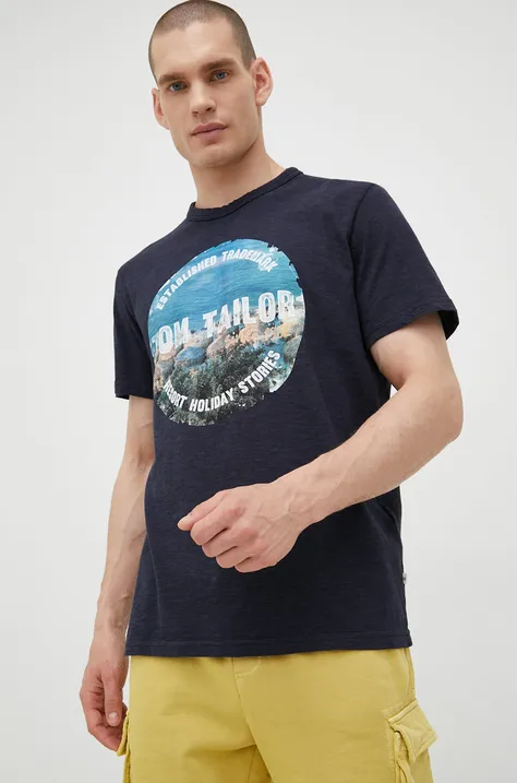 Tom Tailor t-shirt bawełniany kolor granatowy z nadrukiem