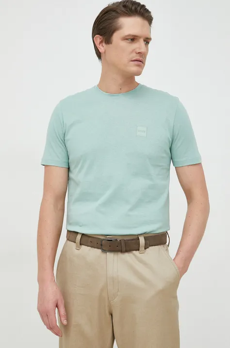 BOSS t-shirt bawełniany BOSS ORANGE kolor zielony z aplikacją