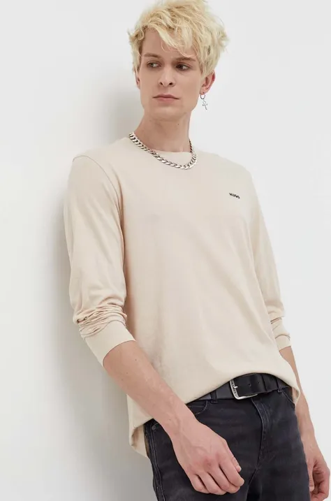 Βαμβακερή μπλούζα με μακριά μανίκια HUGO χρώμα: μπεζ