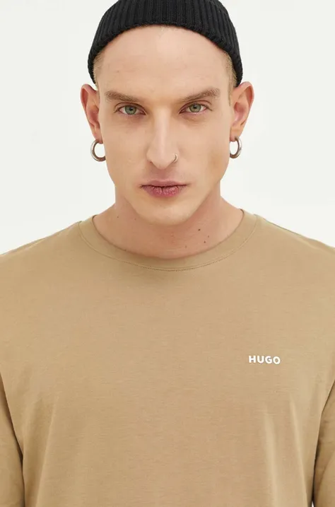 HUGO longsleeve bawełniany kolor brązowy gładki