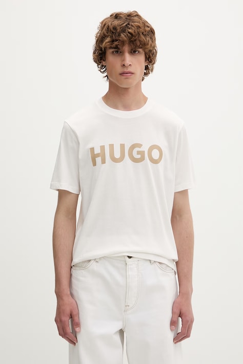 HUGO T-shirt męski bawełniany Dulivio beżowy 50467556