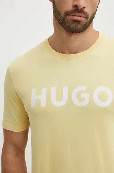Bavlněné tričko HUGO žlutá barva, s potiskem, 50467556