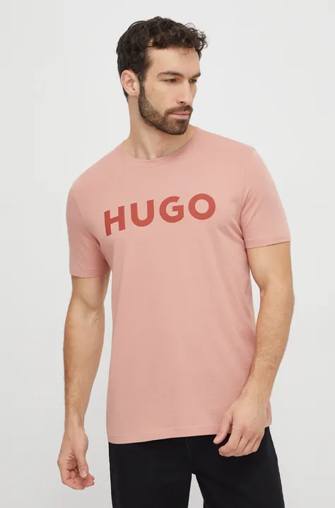 Хлопковая футболка HUGO мужской цвет розовый с принтом