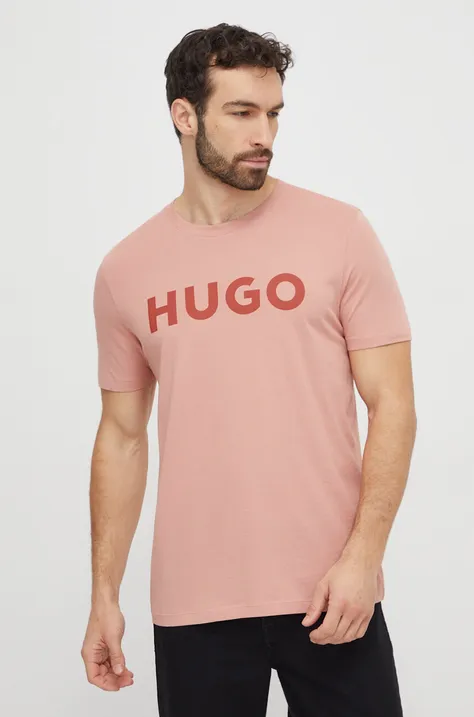 HUGO tricou din bumbac bărbați, culoarea roz, cu imprimeu 50467556