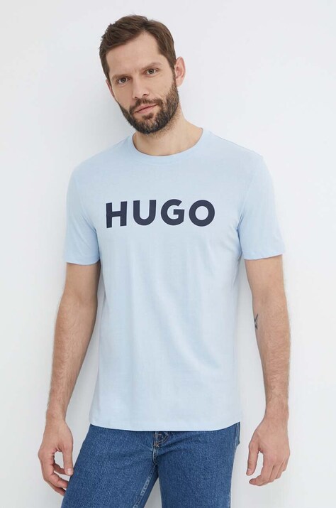 Bavlněné tričko HUGO modrá barva, s potiskem, 50467556