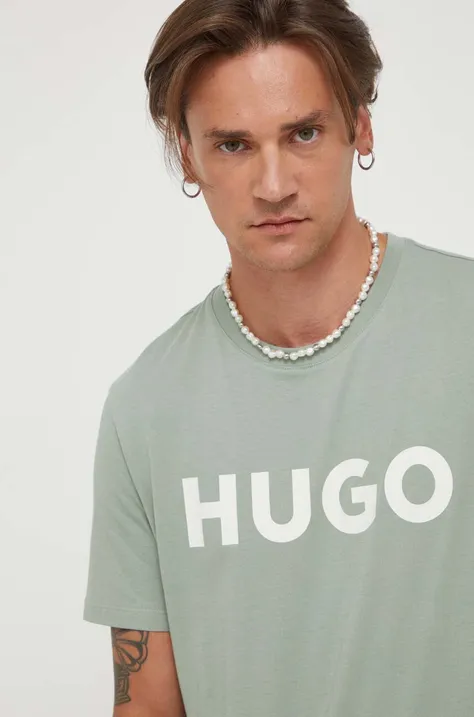 HUGO t-shirt bawełniany kolor zielony z nadrukiem