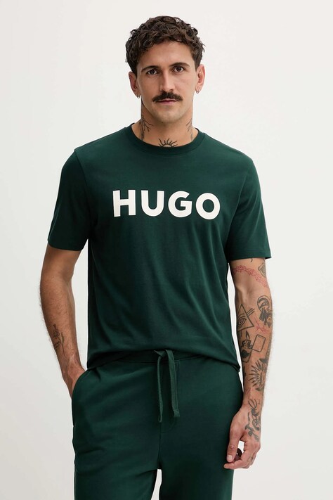 Bavlněné tričko HUGO pánské, zelená barva, s potiskem, 50467556