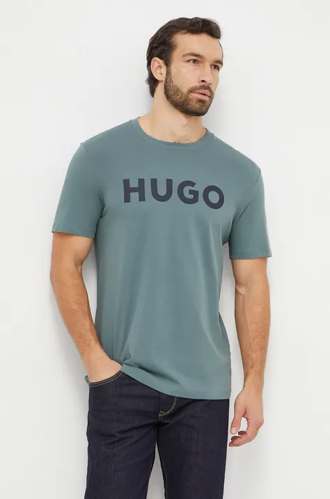 HUGO t-shirt bawełniany męski kolor zielony z nadrukiem