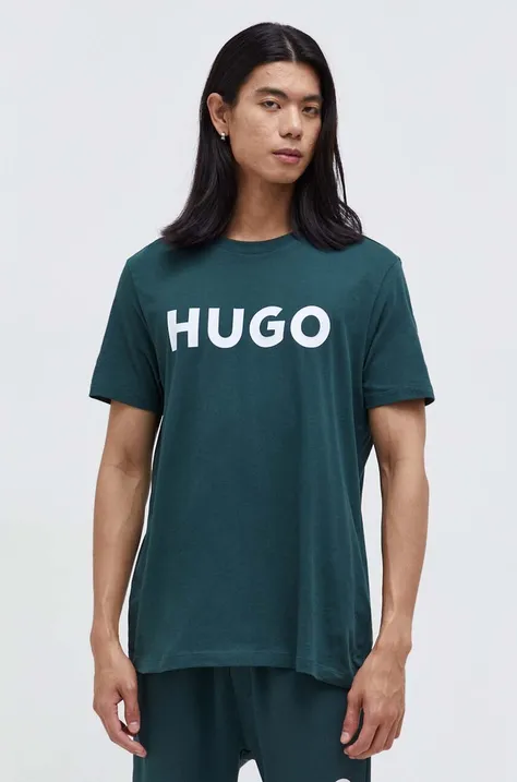 Памучна тениска HUGO в зелено с принт 50467556