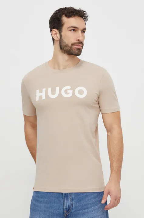 Pamučna majica HUGO za muškarce, boja: bež, s tiskom