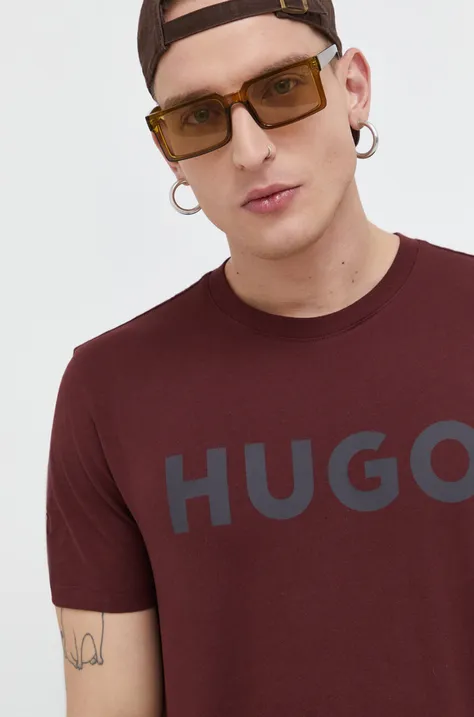 Pamučna majica HUGO boja: bordo, s tiskom