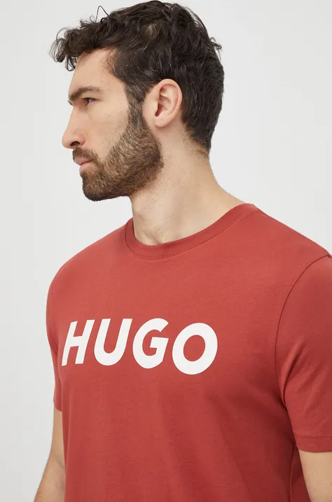 Бавовняна футболка HUGO чоловічий колір бордовий з принтом