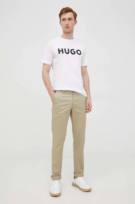 Bombažna kratka majica HUGO bela barva