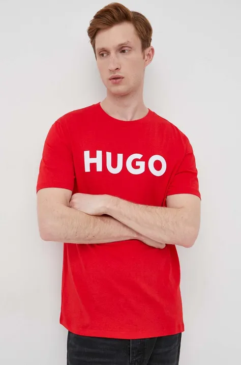 Хлопковая футболка HUGO цвет красный с принтом