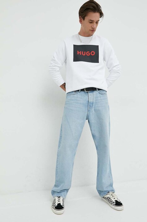 HUGO hanorac de bumbac bărbați, culoarea alb, cu imprimeu 50467944