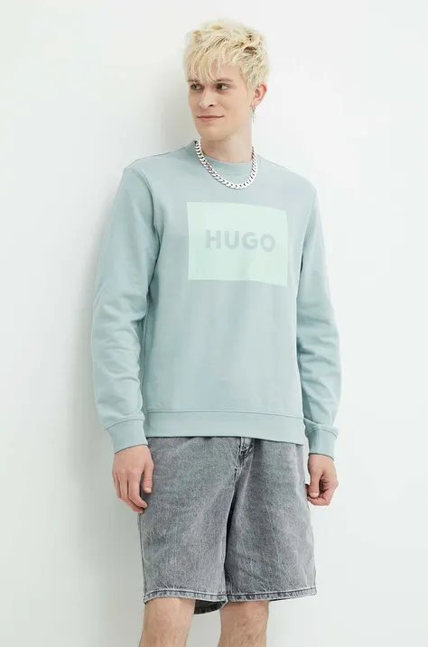 Хлопковая кофта HUGO мужская цвет бирюзовый с принтом