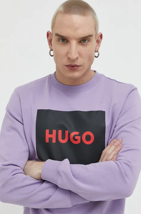 Хлопковая кофта HUGO мужская цвет фиолетовый с принтом