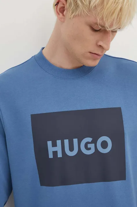 HUGO bluza bawełniana męska kolor niebieski z nadrukiem