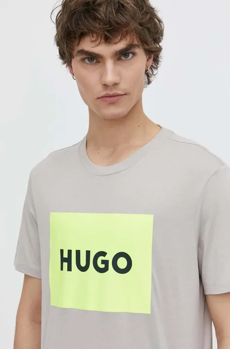 Хлопковая футболка HUGO мужской цвет серый с принтом
