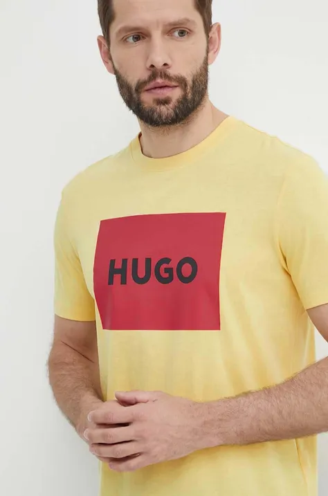 Pamučna majica HUGO za muškarce, boja: žuta, s tiskom