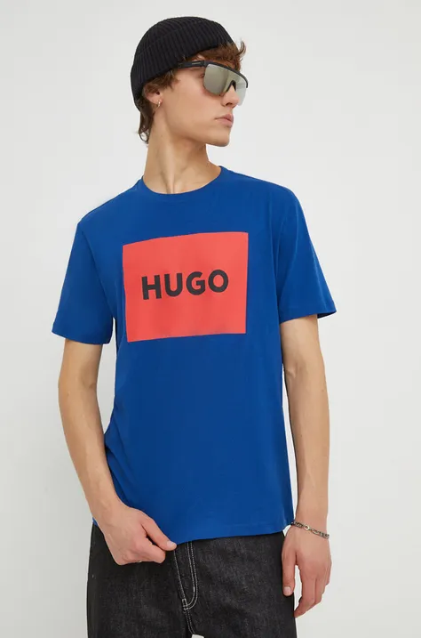 Памучна тениска HUGO в синьо с принт 50467952