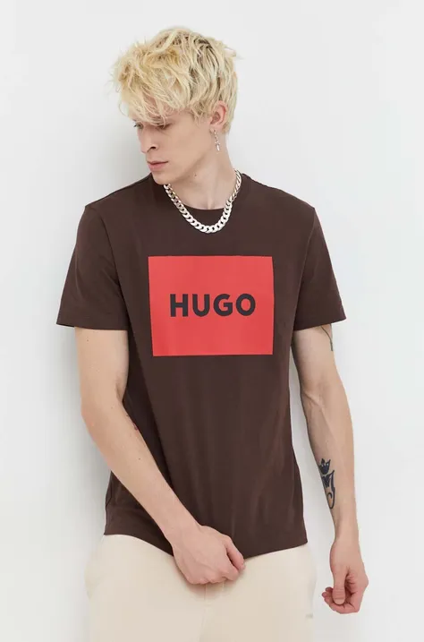 Bombažna kratka majica HUGO rjava barva