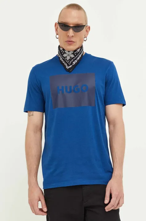 HUGO t-shirt bawełniany kolor niebieski z nadrukiem