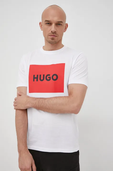 Хлопковая футболка HUGO цвет белый с принтом