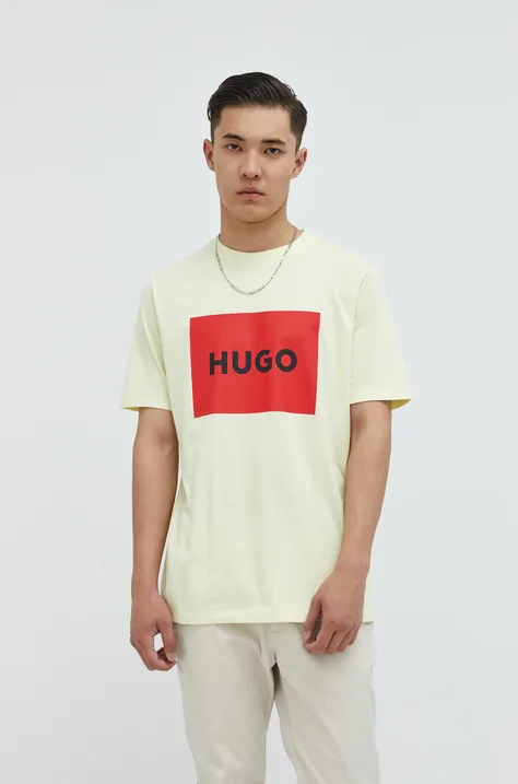 Bavlnené tričko HUGO béžová farba, s potlačou