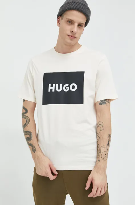 Pamučna majica HUGO boja: bež, s tiskom