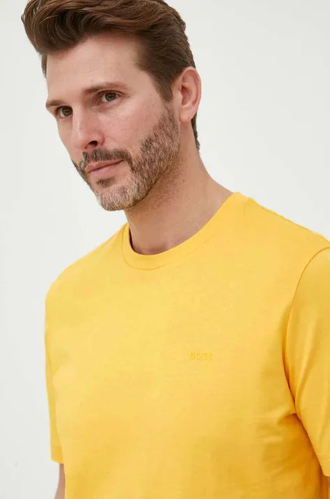 BOSS t-shirt bawełniany kolor żółty gładki