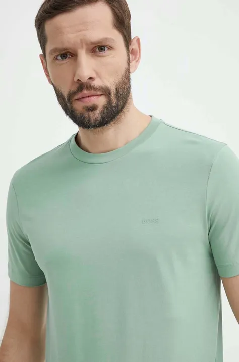 Бавовняна футболка BOSS чоловічий колір зелений однотонний