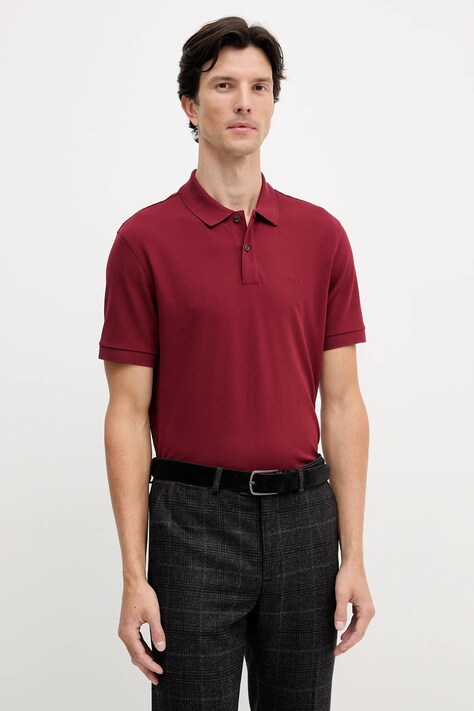 BOSS polo bawełniane kolor bordowy gładki 50468362