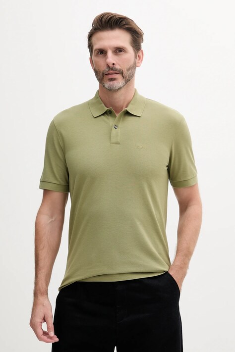 BOSS polo de bumbac culoarea verde, uni, 50468362